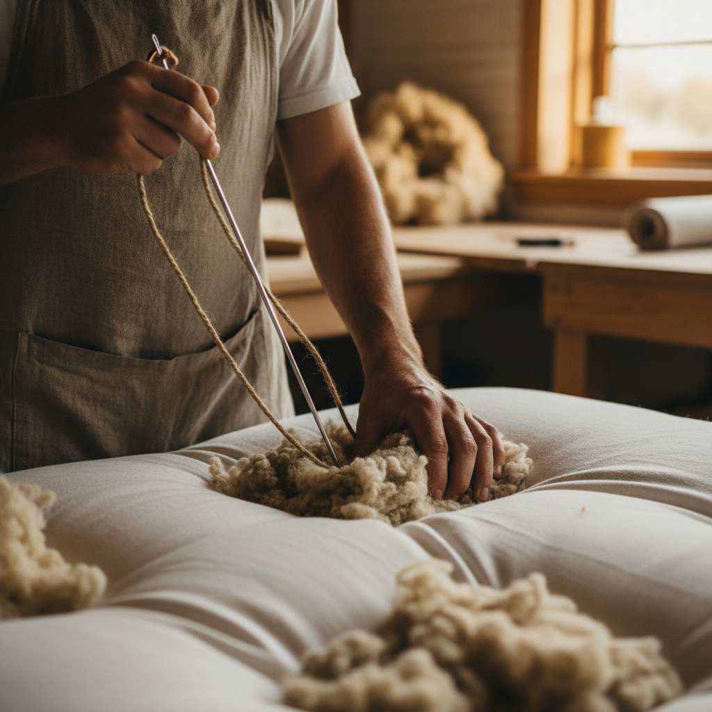 Artisan hand-tufting a mattress