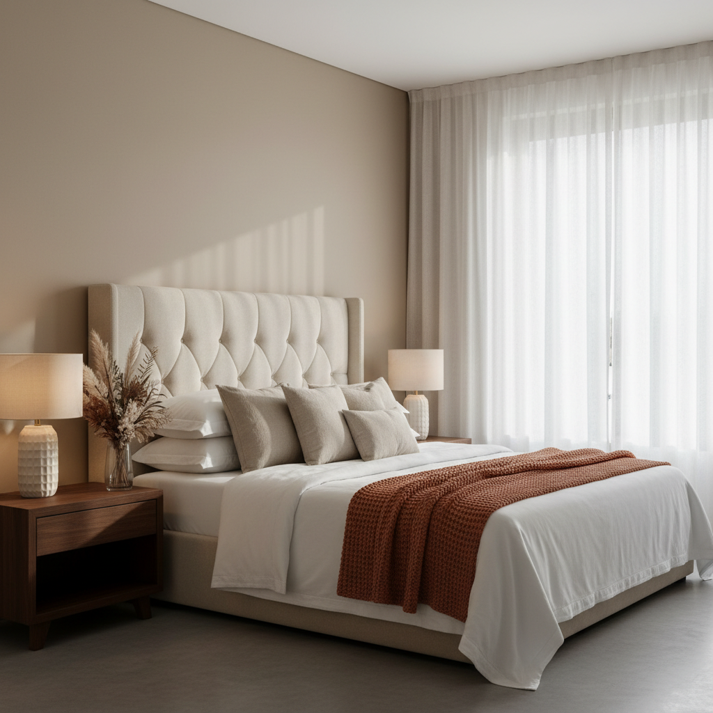 Luxury bedroom with premium bed, white linen sheets, warm morning light